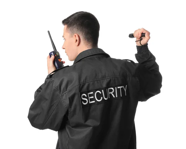 Muž Bezpečnostní Strážce Baterkou Bílém Pozadí — Stock fotografie