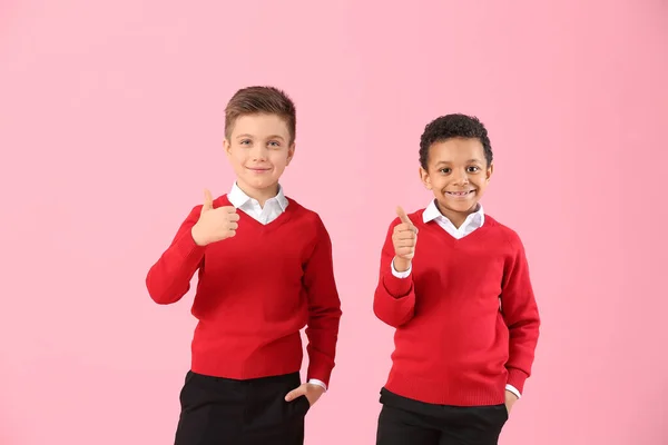 Cute Little Pupils Showing Thumb Color Background — Stock Photo, Image