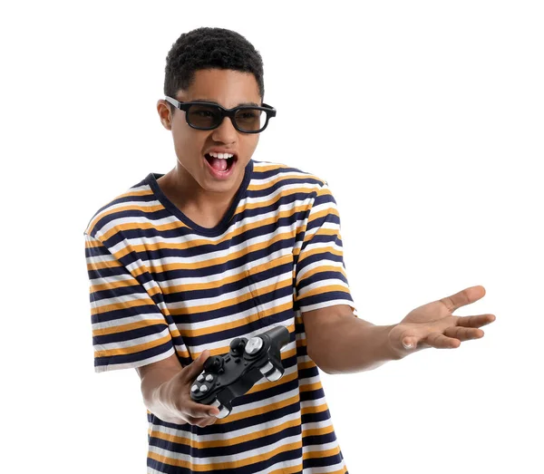 Menino Adolescente Afro Americano Jogando Videogame Fundo Branco — Fotografia de Stock