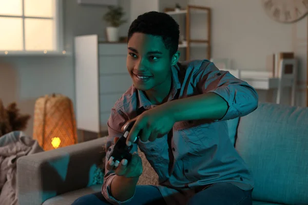 African American Teenage Boy Playing Video Game Home Evening — Stock Photo, Image