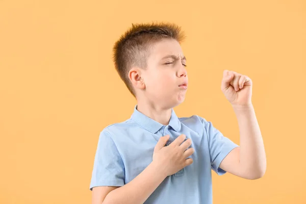 Ill Coughing Little Boy Color Background — Stock Photo, Image