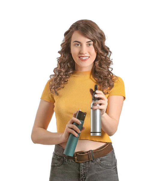 Mulher Bonita Com Sprays Cabelo Fundo Branco — Fotografia de Stock