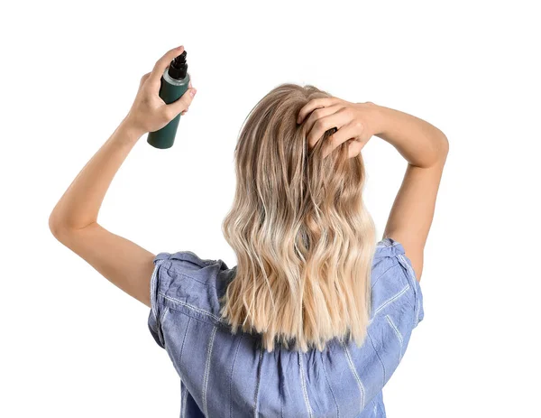 Mulher Bonita Com Spray Cabelo Fundo Branco — Fotografia de Stock