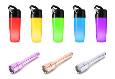 Beyaz arkaplanda farklı el fenerleri seti