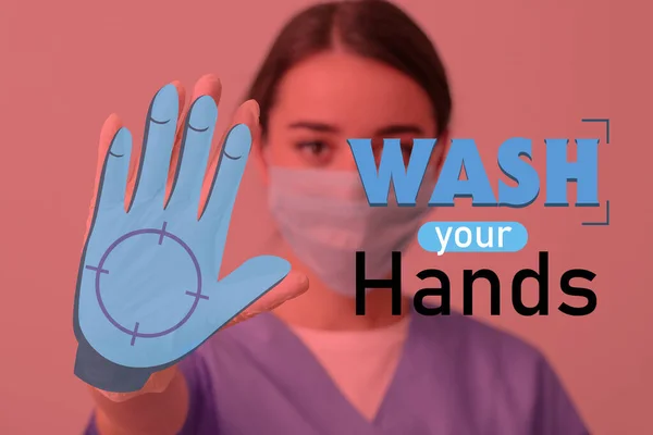 Läkare Gummihandskar Som Visar Stop Gest Tvätta Händerna — Stockfoto