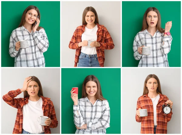 Collage Bilder Med Emotionell Ung Kvinna Dricker Varmt Kaffe — Stockfoto