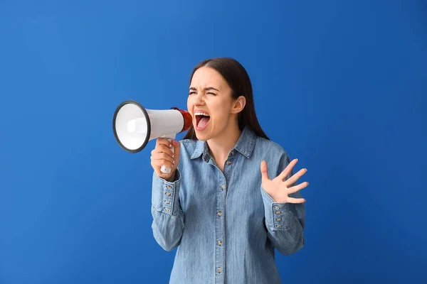 Screaming Young Woman Megaphone Color Background — Stock Photo, Image