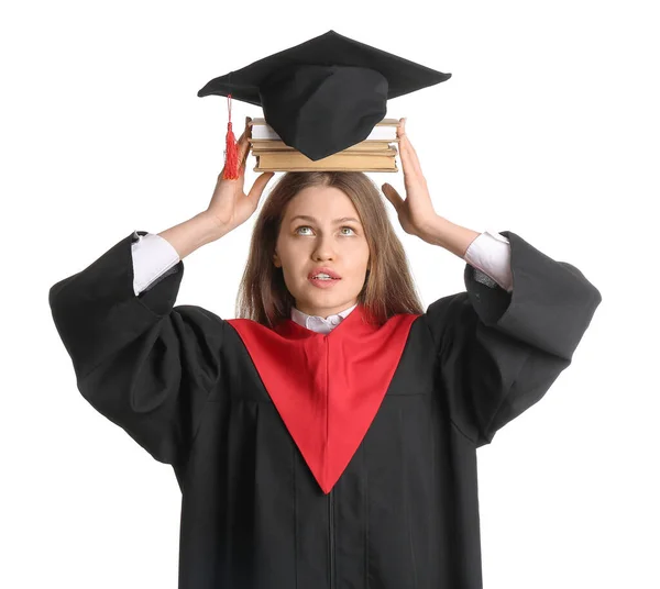 Estudante Graduação Sexo Feminino Com Livros Sobre Fundo Branco — Fotografia de Stock