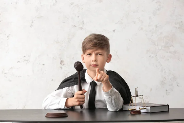 Portrait Little Judge Sitting Table White Background — Stock Photo, Image