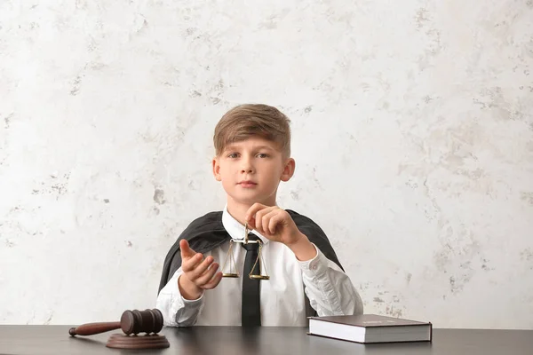Portrait Little Judge Sitting Table White Background — Stock Photo, Image