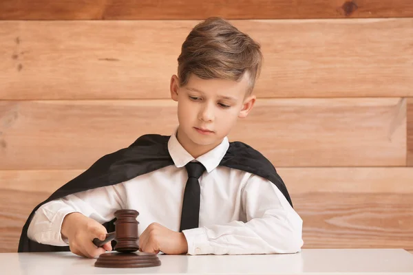 Portrait Little Judge Sitting Table Wooden Background — Stock Photo, Image