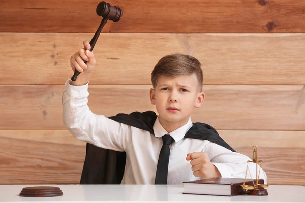 Portrait Little Judge Sitting Table Wooden Background — Stock Photo, Image