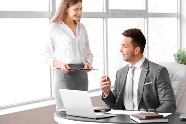 Boss His Beautiful Secretary Working Office — Stock Photo, Image