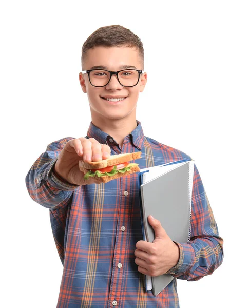 Alumno Con Sándwich Sobre Fondo Blanco — Foto de Stock