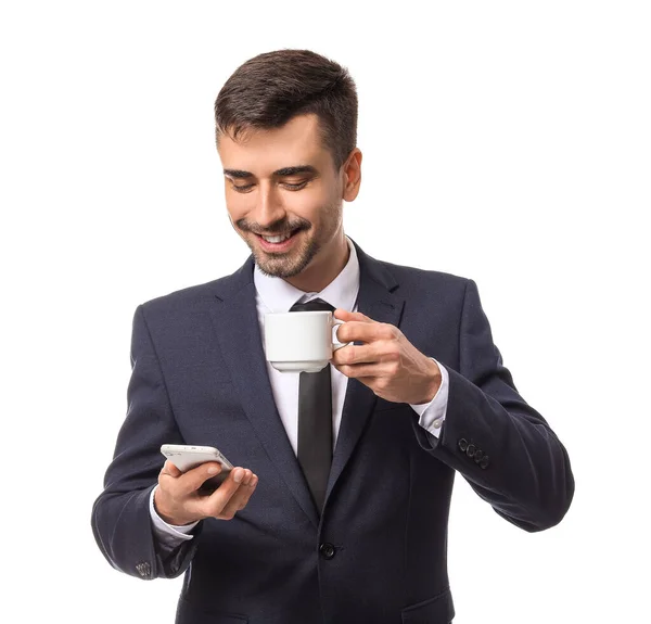 Young Businessman Cup Hot Coffee Mobile Phone White Background — Stock Photo, Image