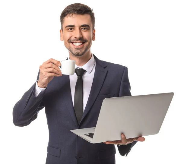 Young Businessman Cup Hot Coffee Laptop White Background — Stock Photo, Image