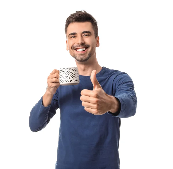 Young Man Cup Hot Coffee Showing Thumb White Background — Stock Photo, Image