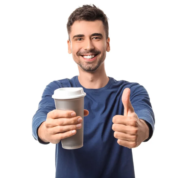Junger Mann Mit Heißem Kaffee Zeigt Daumen Nach Oben Auf — Stockfoto