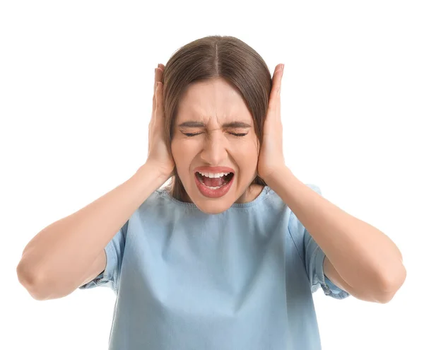 Young Woman Suffering Loud Noise Color Background — Stock Photo, Image