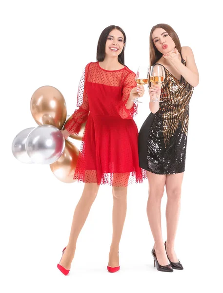 Happy Young Women Glasses Champagne Air Balloons White Background — Stock Photo, Image