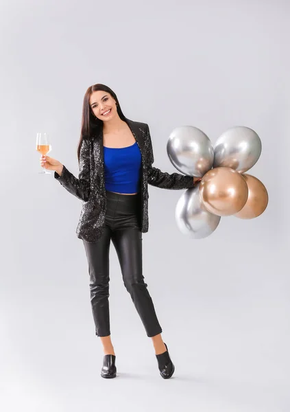 Happy Young Woman Glass Champagne Air Balloons Grey Background — Stock Photo, Image