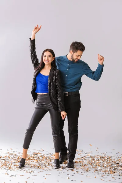 Dancing Young Couple Grey Background — Stock Photo, Image
