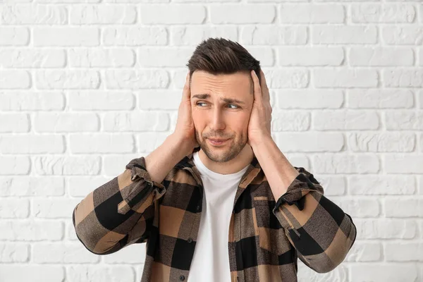 Young Man Suffering Loud Noise White Background — Stock Photo, Image