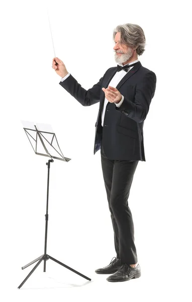 Senior Manliga Dirigent Vit Bakgrund — Stockfoto