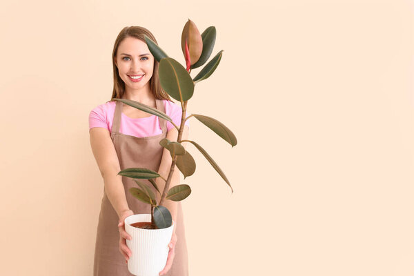 Portrait of female florist with plant on color background