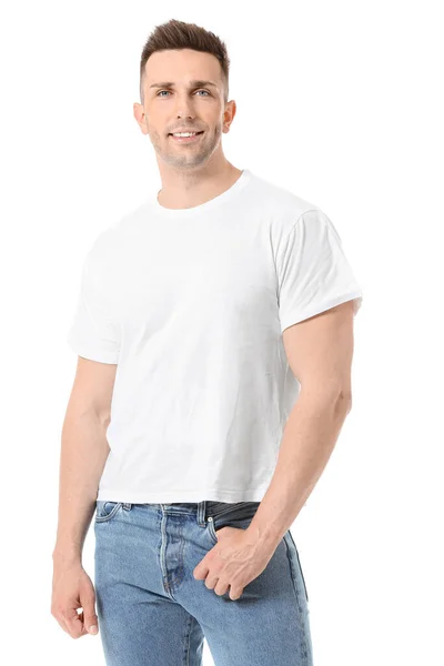 Hombre Elegante Camiseta Sobre Fondo Blanco —  Fotos de Stock