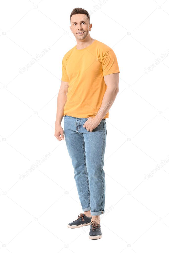Man in stylish t-shirt on white background