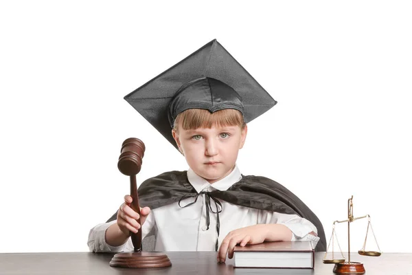 Portrait Little Judge Sitting Table White Background — Stock Photo, Image