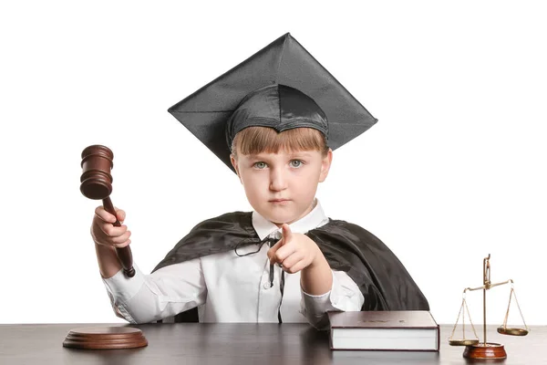 Portrait Little Judge Sitting Table White Background — Stock Photo, Image