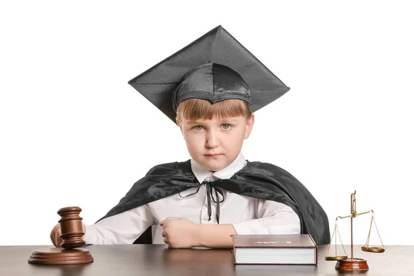 Portrait Little Judge Sitting Table White Background — Stock Photo, Image