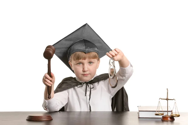 Portrait Little Judge Sitting Table White Background — Stock Photo, Image