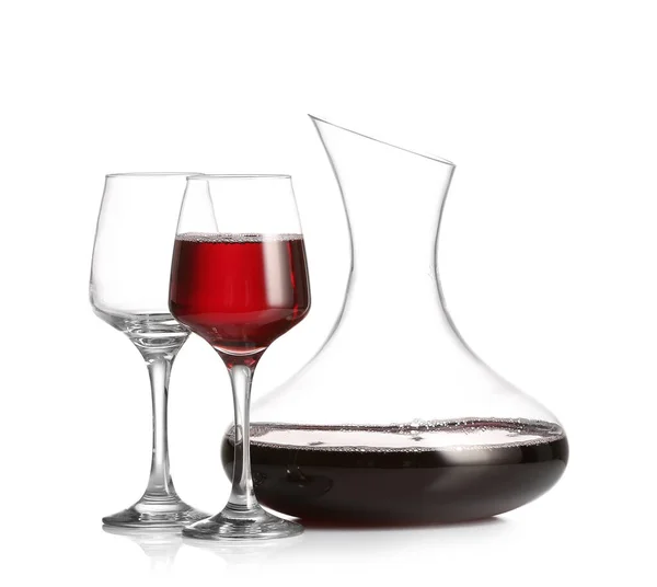 Dekanter Vin Och Glas Vit Bakgrund — Stockfoto