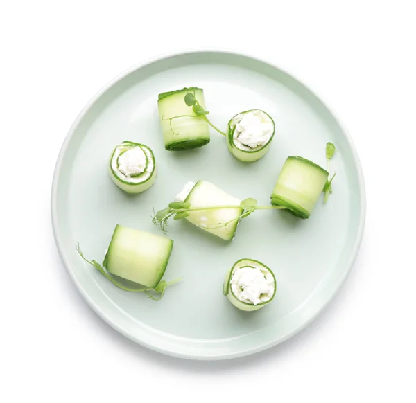 Plate Tasty Cucumber Rolls White Background — Stock Photo, Image