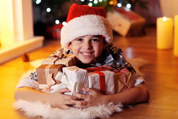 Little Boy Lying Fireplace Room — Stock Photo, Image