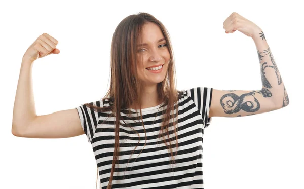 Jeune Femme Avec Tatouage Isolé Sur Blanc — Photo