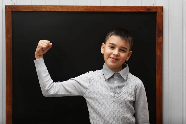 Young Cute Schoolboy Posing Blackboard — Stock Photo, Image