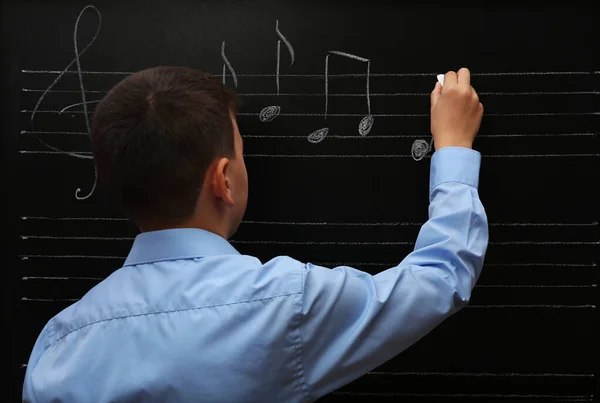 Young Cute Schoolboy Writing Blackboard — Stock Photo, Image