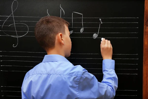Young Cute Schoolboy Writing Blackboard — Stock Photo, Image