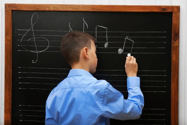 Young Cute Schoolboy Writing Blackboard — Stock Photo, Image