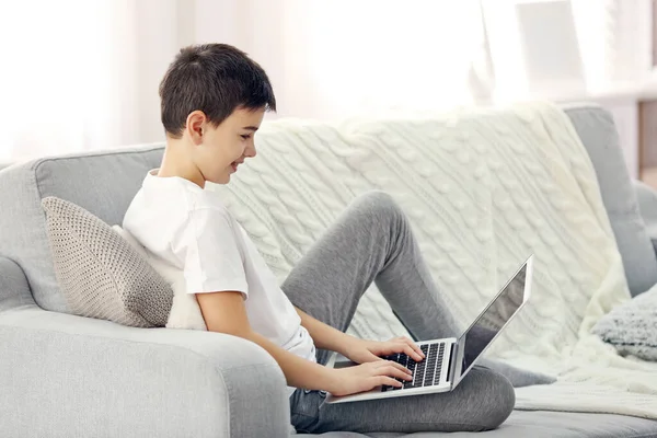 Boy Using Laptop Sofa Home — Stock Photo, Image