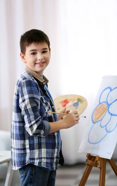 Boy Drawing Easel Home — Stock Photo, Image