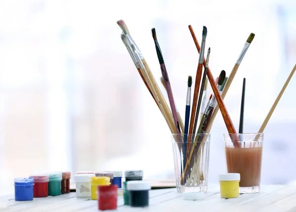 Drawing Set Brushes Paints White Table — Stock Photo, Image