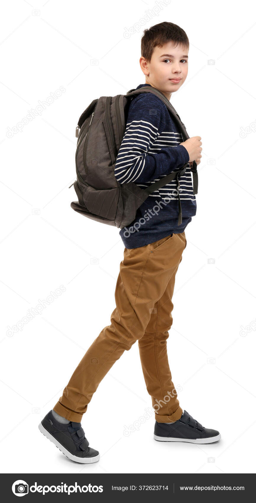 Cute Little Boy Grey Backpack Going Right Isolated White Stock Photo by