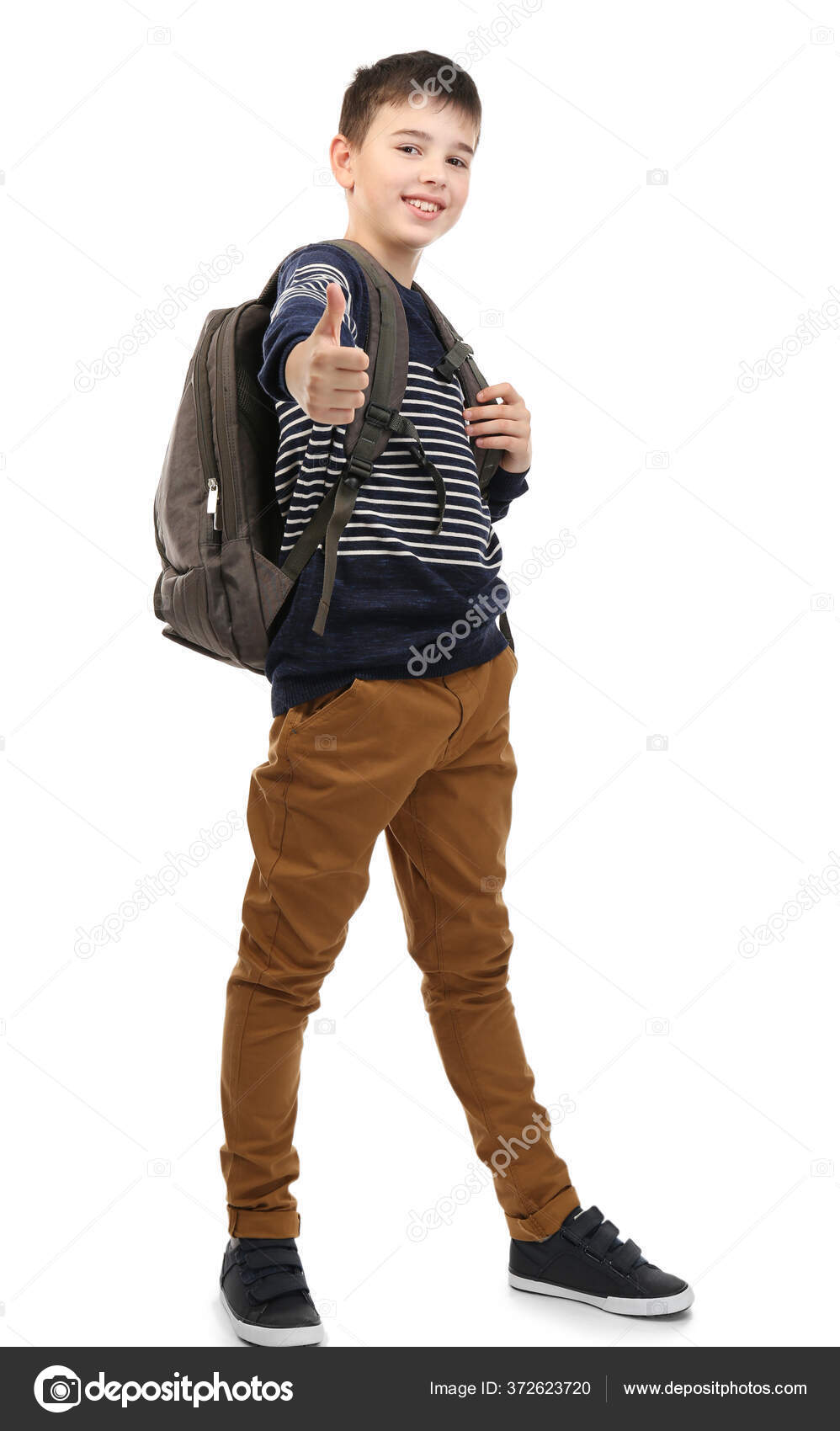 Happy Cute Little Boy Grey Backpack Isolated White Stock Photo by