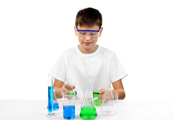 Clever Little Boy Doing Chemical Experiments Isolated White — Stock Photo, Image