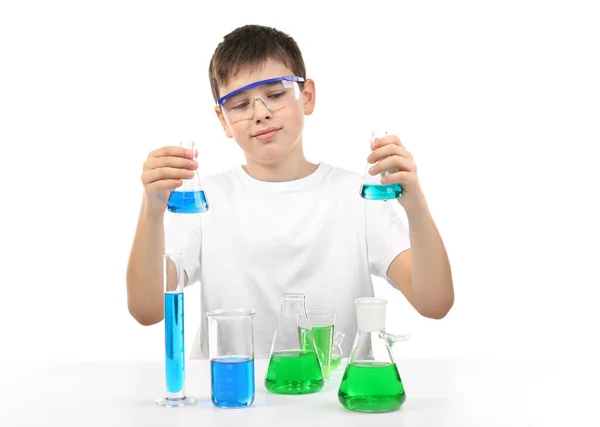 Clever Little Boy Doing Chemical Experiments Isolated White — Stock Photo, Image